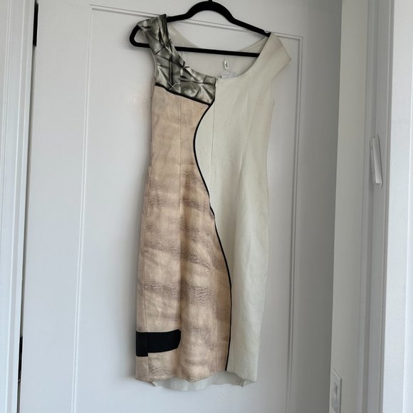 Akris Punto Sleeveless Sheath Mini Dress SZ 4 Beige White Cap Sleeves Scoop Back - Picture 9 of 10